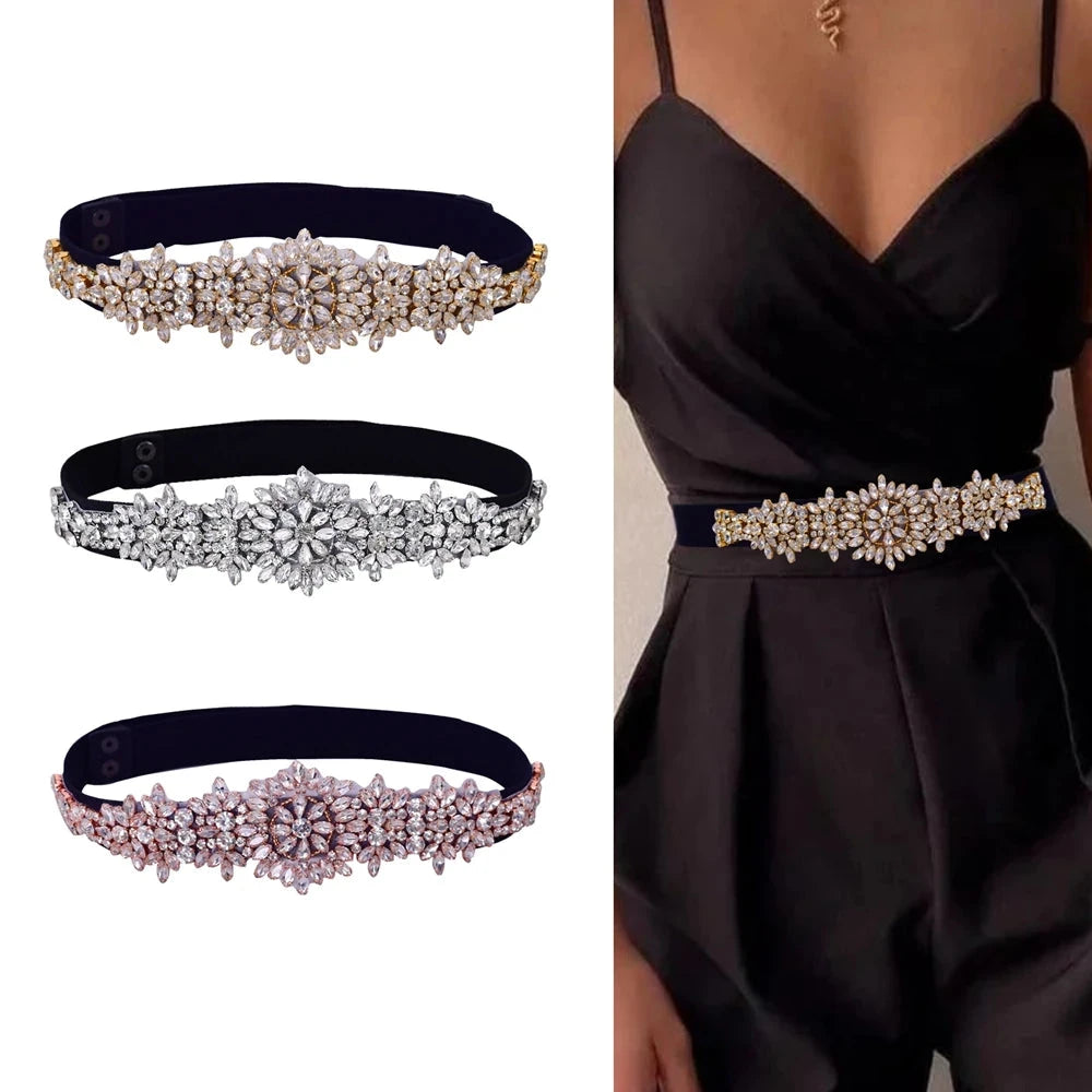 Black Wide Sash Rhinestone Decorative Belt