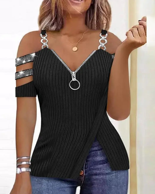 Rhinestone T-Shirt with  Zipper Details Split Bottom Design