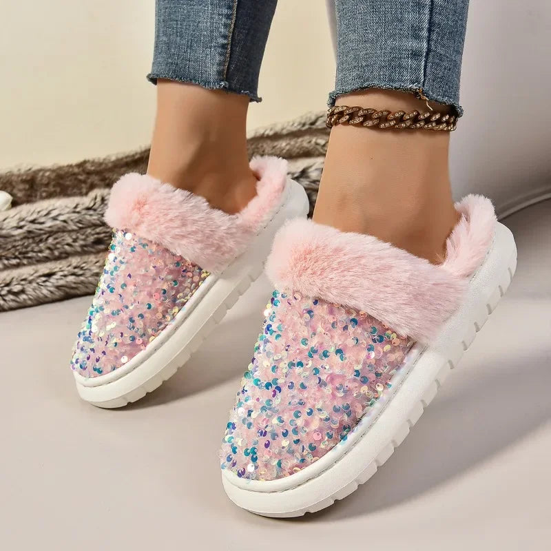 Shining Sequins Home Fur Slippers