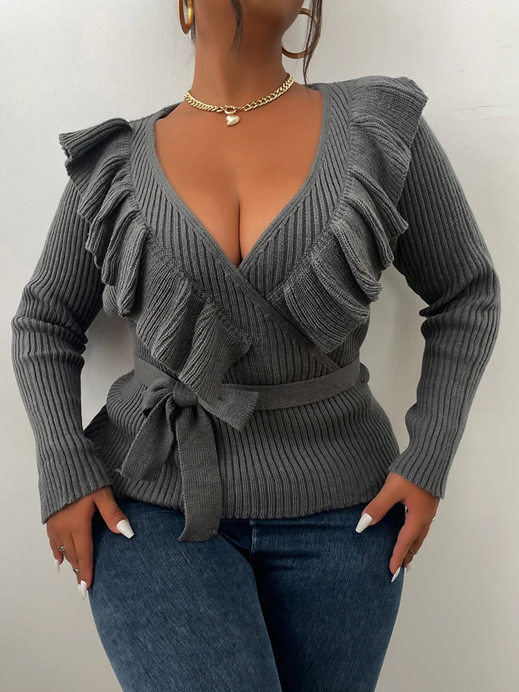 Grey Belt Pullover V Neck Lotus Leaf Collar Wrap-over Top Knitting Sweater