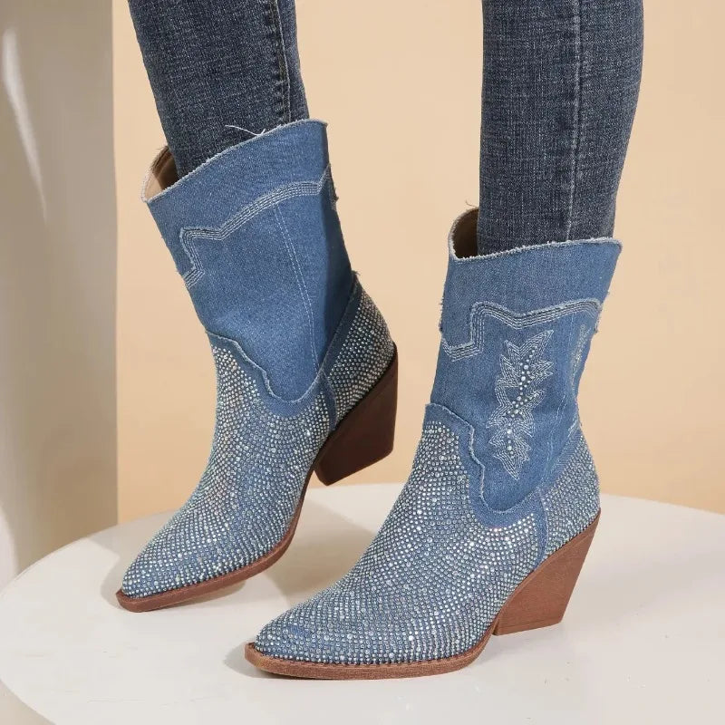 Rhinestone Denim Cowboy Boots