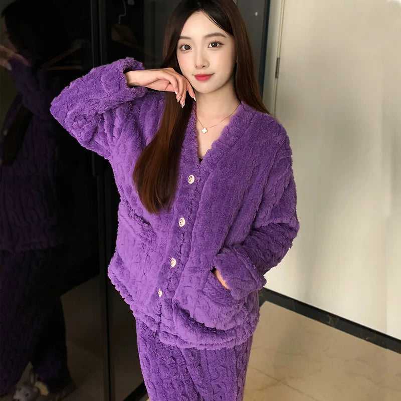 2PCS Thick V Neck Flannel Pajamas Set