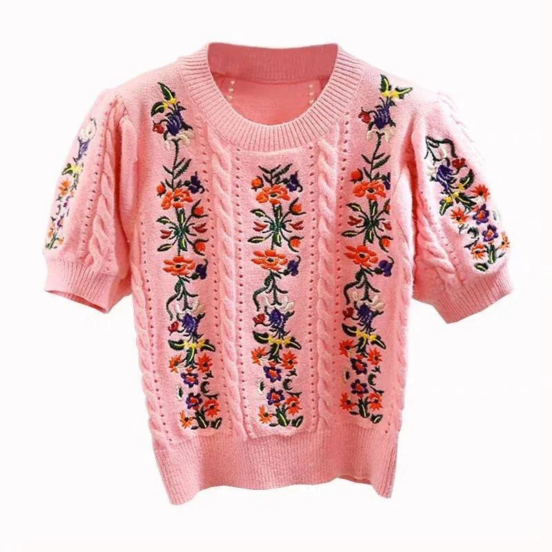 Vintage Elegant Embroidered  Puff Sleeve Knitted Sweater