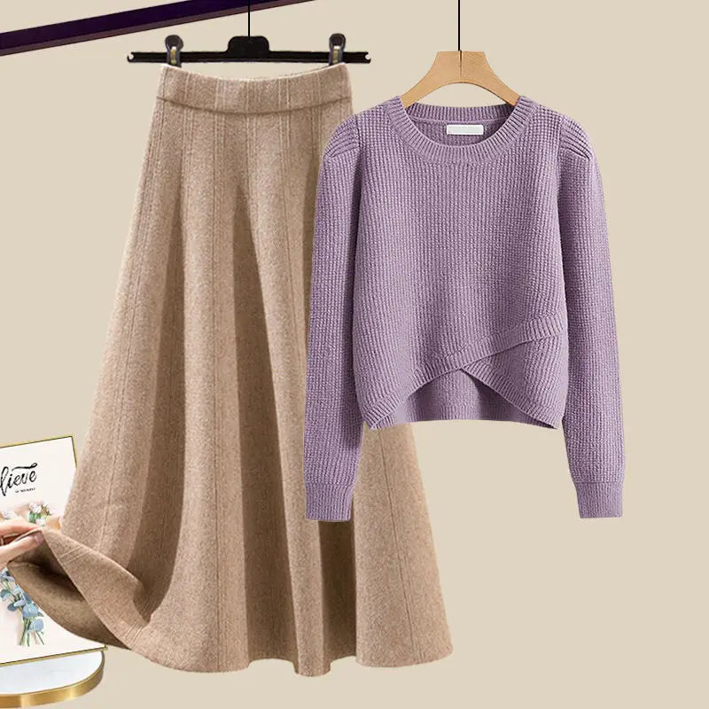 Knitted Sweater Half Skirt Maillard Dressing Set