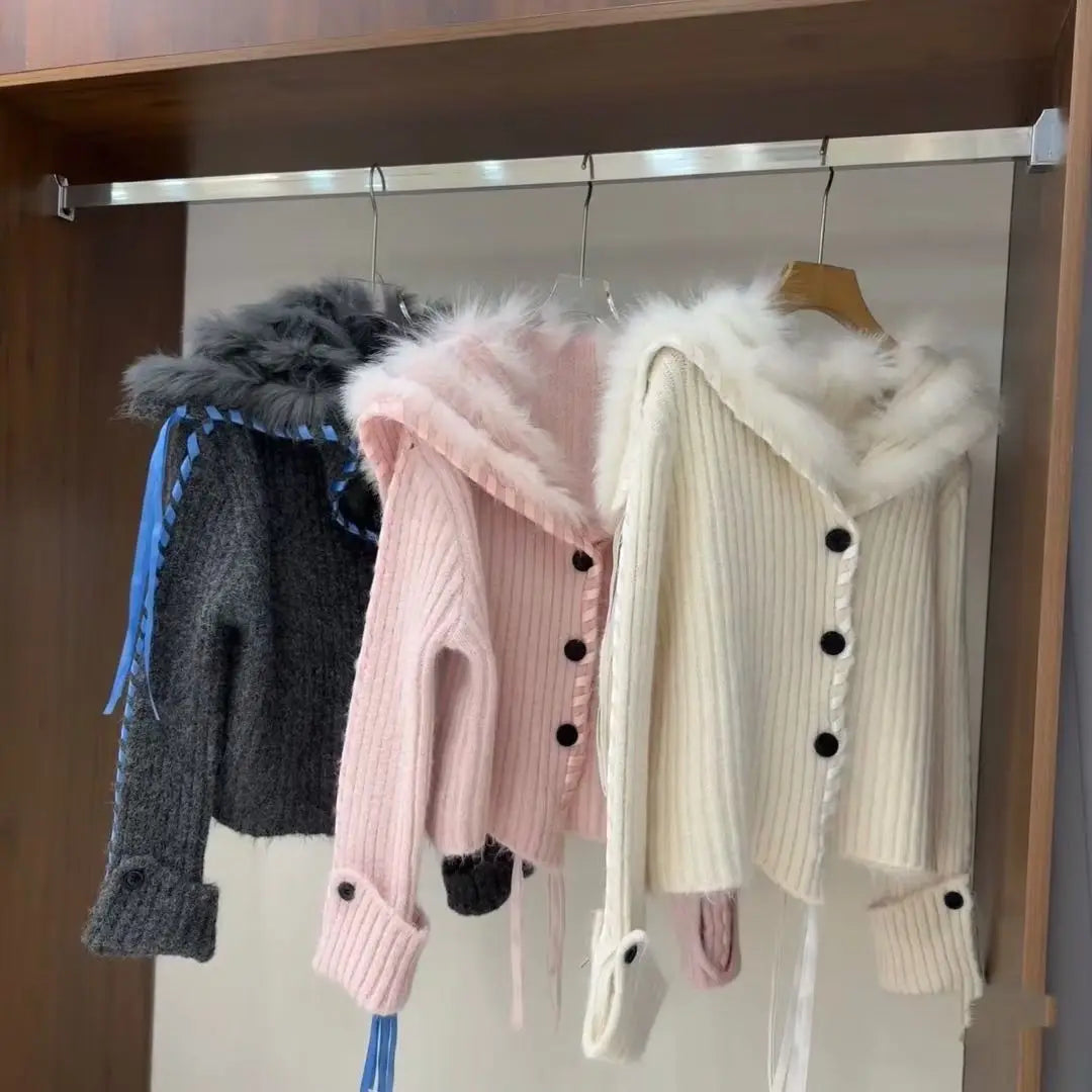Vintage Faxu Fur Coat Patchwork Casual Knitted Sweater