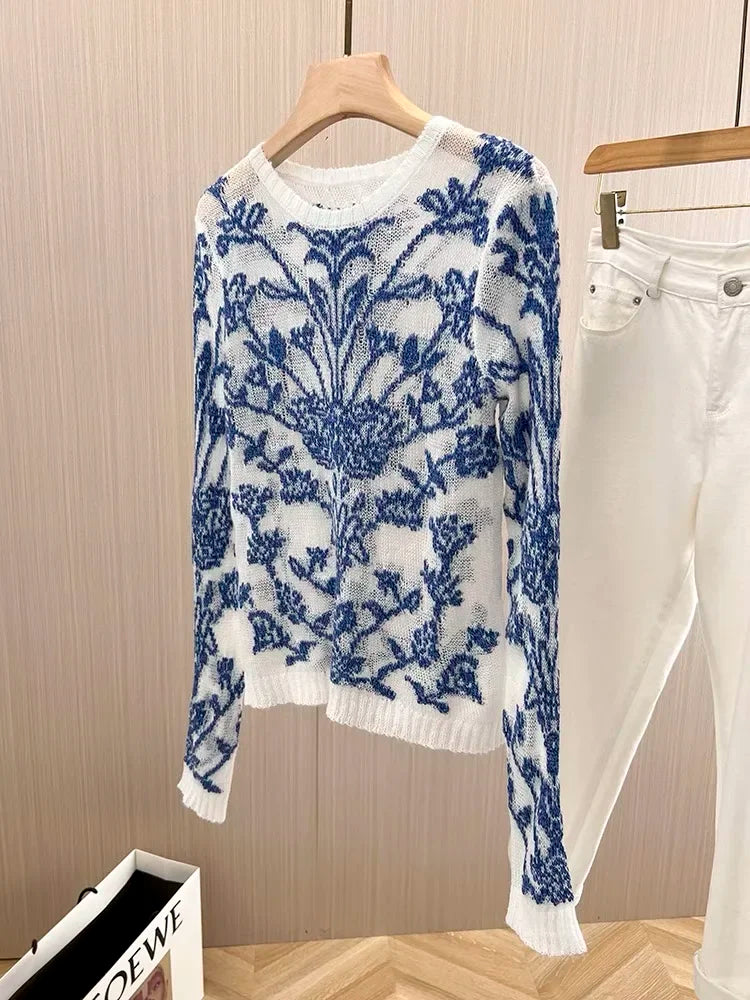 Flower Embroidery Hollow Out Knitted Sweater