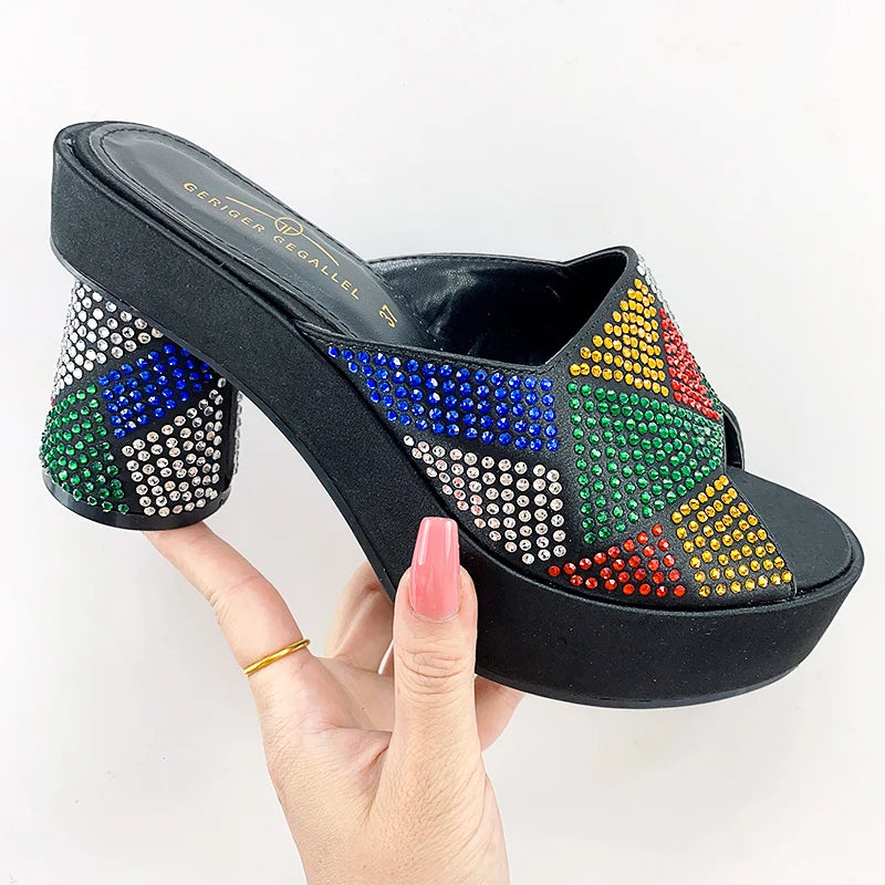 Italian Designer Round Toe Rhinestone Bright Diamond Patchwork  Platfrom High Heels Shoes