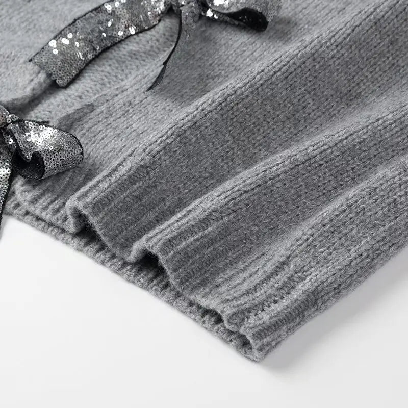 Cardigan Collarless Long Sleeves And Placket With Sequined Bow Sweater