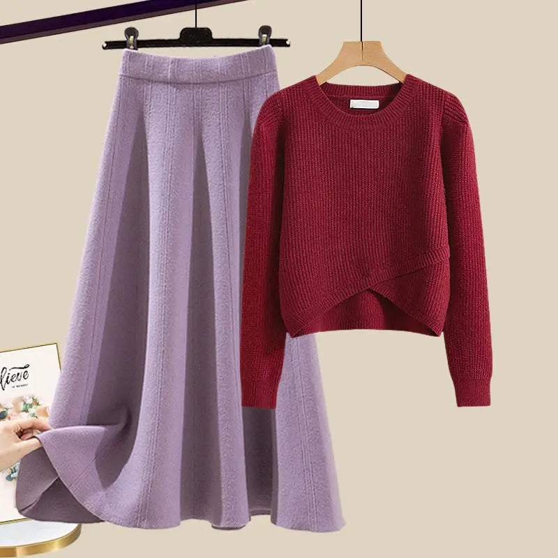 Knitted Sweater Half Skirt Maillard Dressing Set