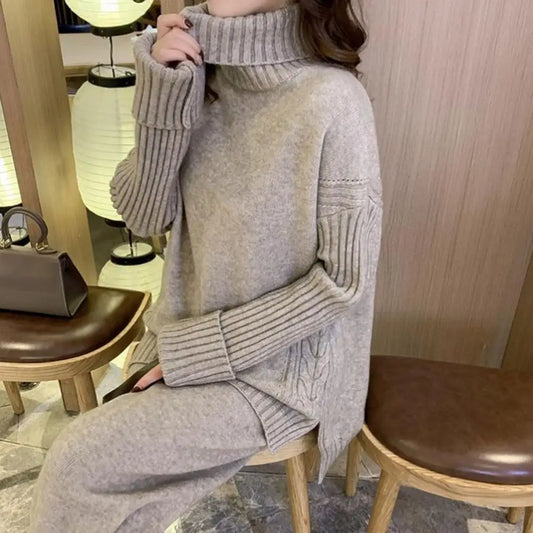 2Pcs Turtleneck Sweater Straight Wide Leg Pants Set