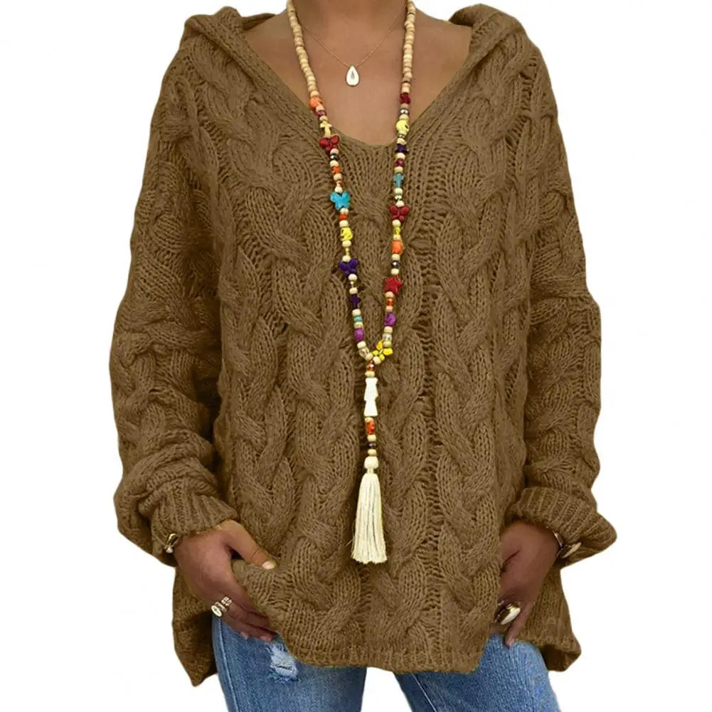 Hooded V-Neck Long Sleeves Twist Knitted Hoodie
