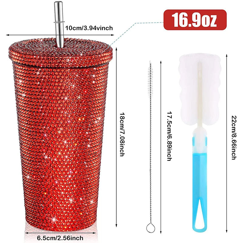 500ml Straw Cup With Lid Reusable Rhinestone Stainless Steel Double Layer Thermos Cups