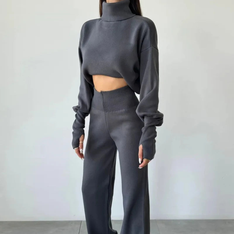 Turtleneck Crop Knitted Sweater Set