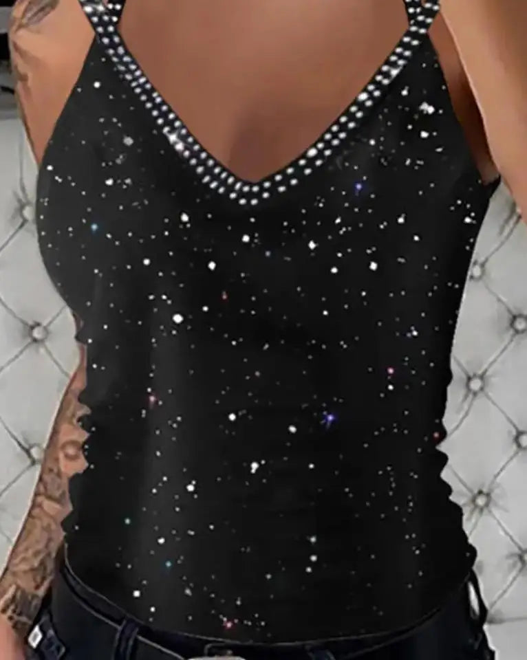 Glitter Rhinestone V-Neck Cami Tops