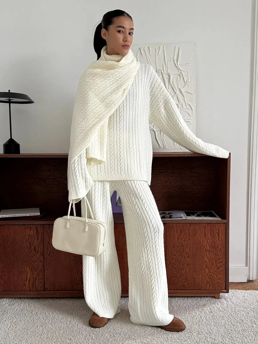 Soft Wool Blend Cable Knit Sweater Wide Leg Pants Set