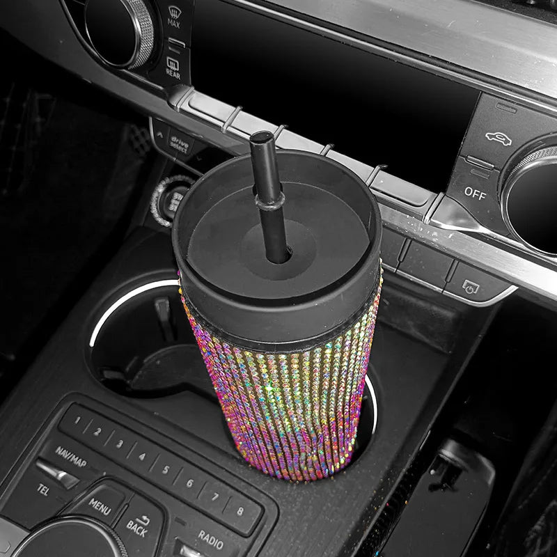 480ml Bling Plastic Coffee Mug Cup With Lid With Straw in Sparkling Rhinestones