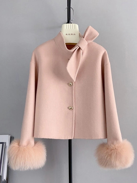 Real Natural Fox Fur Cuff Cashmere Wool Luxury Jacket