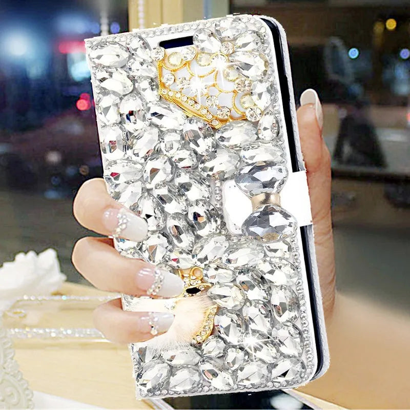 Bling Diamond Rhinestone Flower Case for iPhone 11 12 13 14 15 16 Pro Max XR XS 7 Case Leather Magnetic Flip Wallet Book Cover