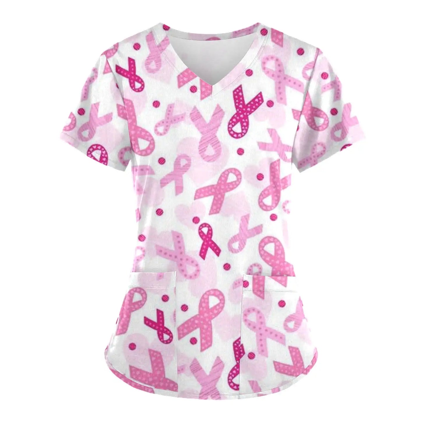 Pink Ribbon Cancer Fighter Women's V Neck Short Sleeve Tops with Pockets Scrubs