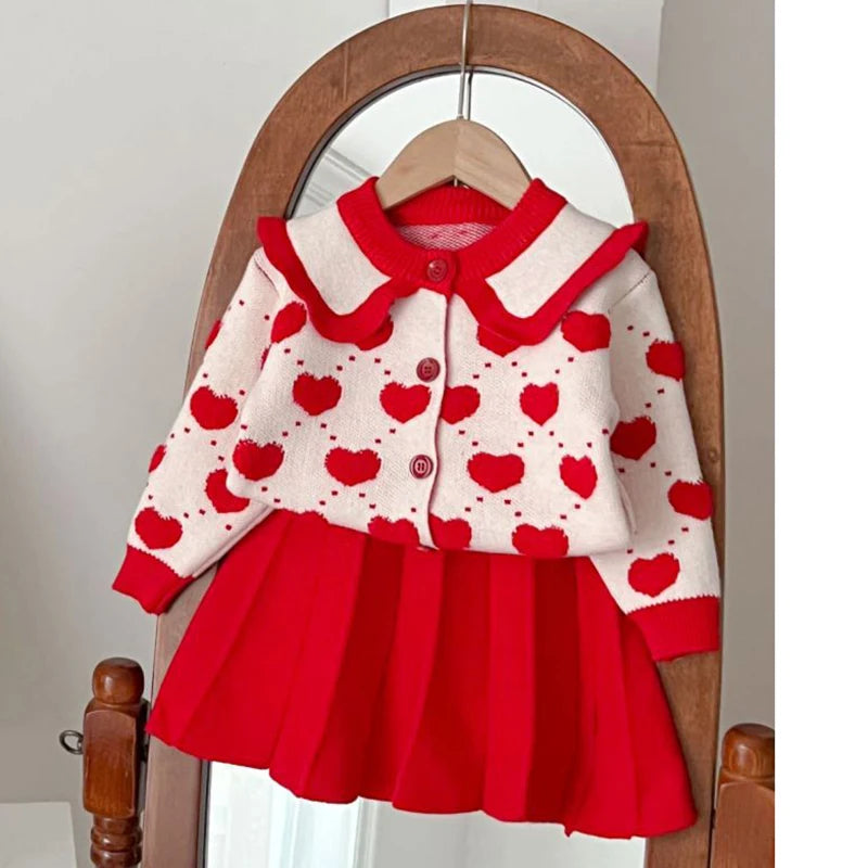 Cute Heart Pattern knit Shirt+ Skirt 2Pcs Sweater Outfit For Kids