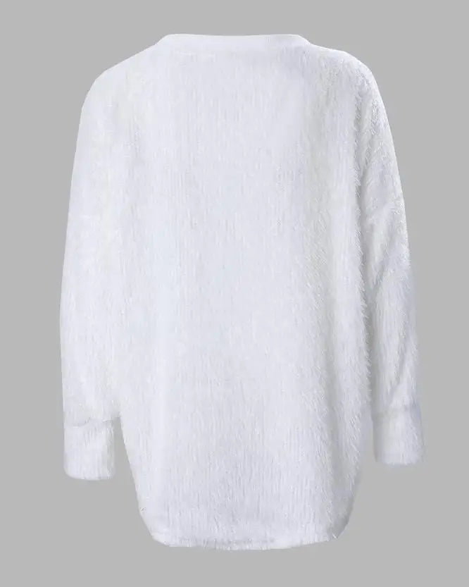 Lazy Ribbed Knitted Pullover V-Neck Pearl Long Sleeved Sweater
