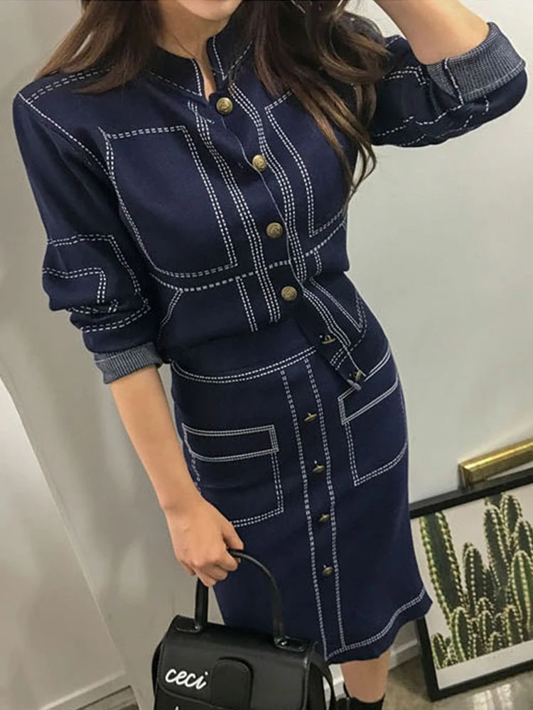 2 Pieces Casual Coat Tops Sweater Jackets High Waist Bodycon Midi Skirt Sets