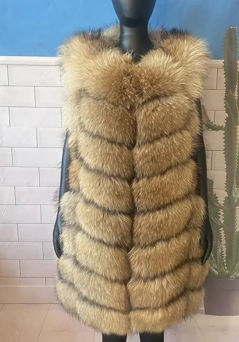 Natural Real Fox Fur Long Vest