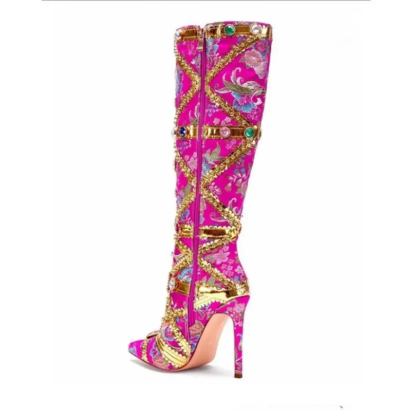 European Colorful RhinestoneEmbroidery Pointed Boots