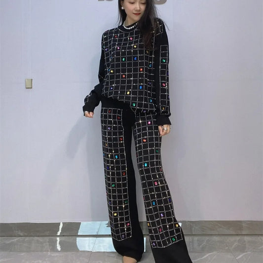 European-style Rhinestone Knitted Sweater Two-piece Set