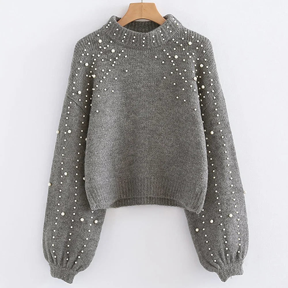 Simple Beading Long Sleeve Casual Sweater