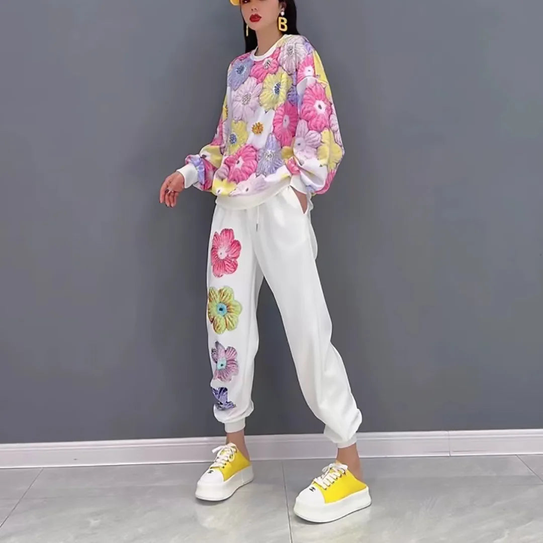 Sequined Embroidery Flowers Printed Hoodies Sweatsuit