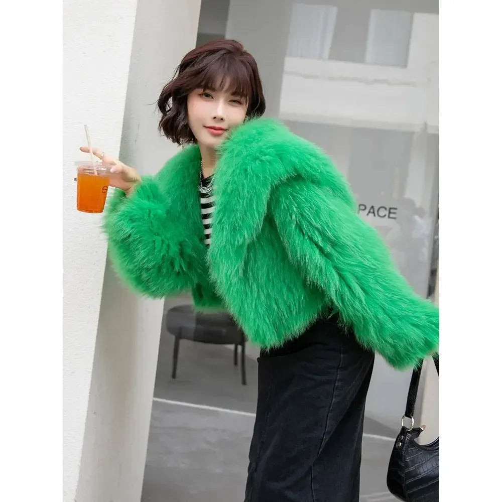 Luxury Winter Lapel Mink Collar Faux Fox Fur Bomber Jacket