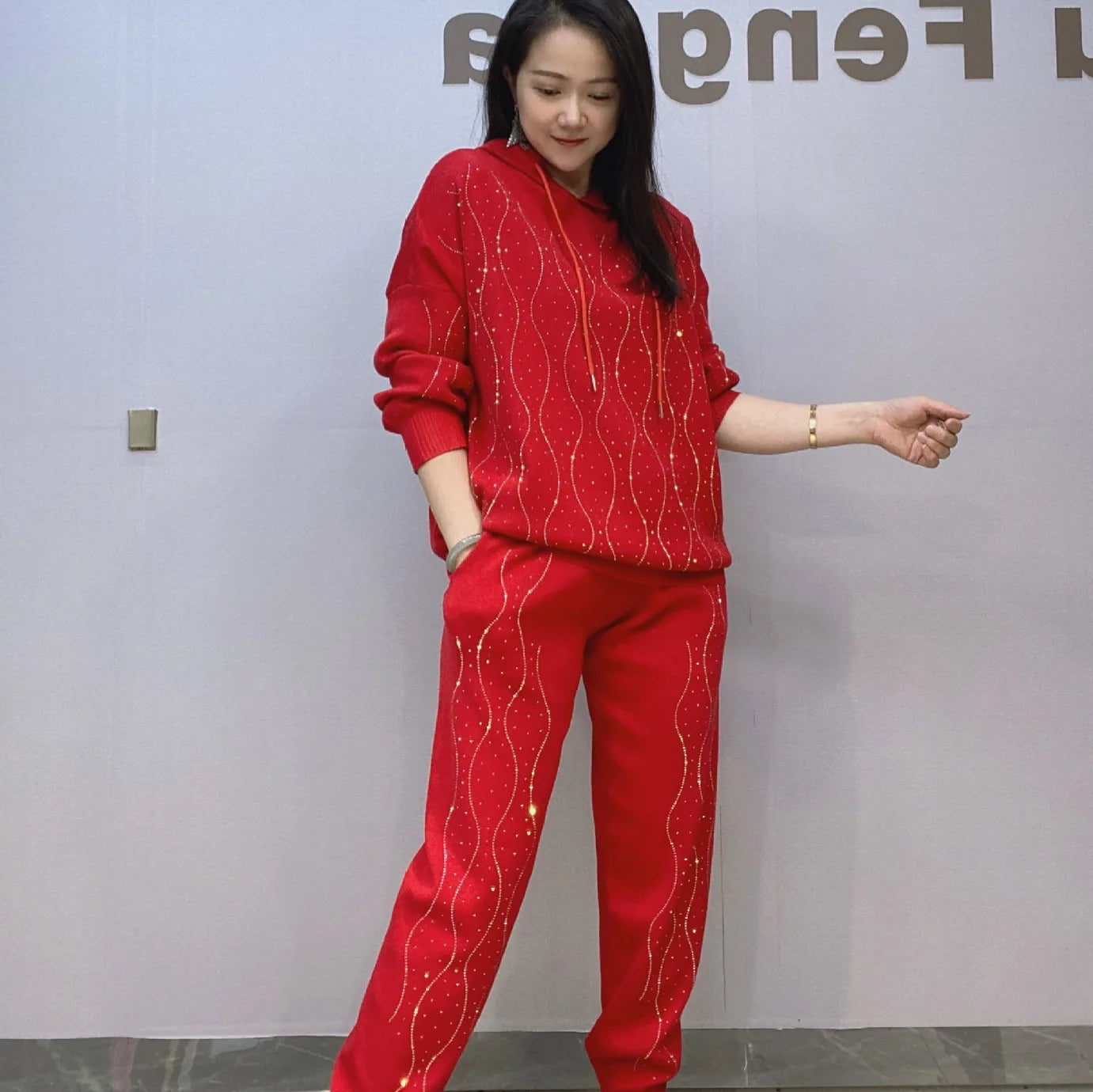 Geometric Pattern Hooded Knitted Pullovers Rhinestone Sweatshirt + Sequined Pants Trouser 2Pcs Set