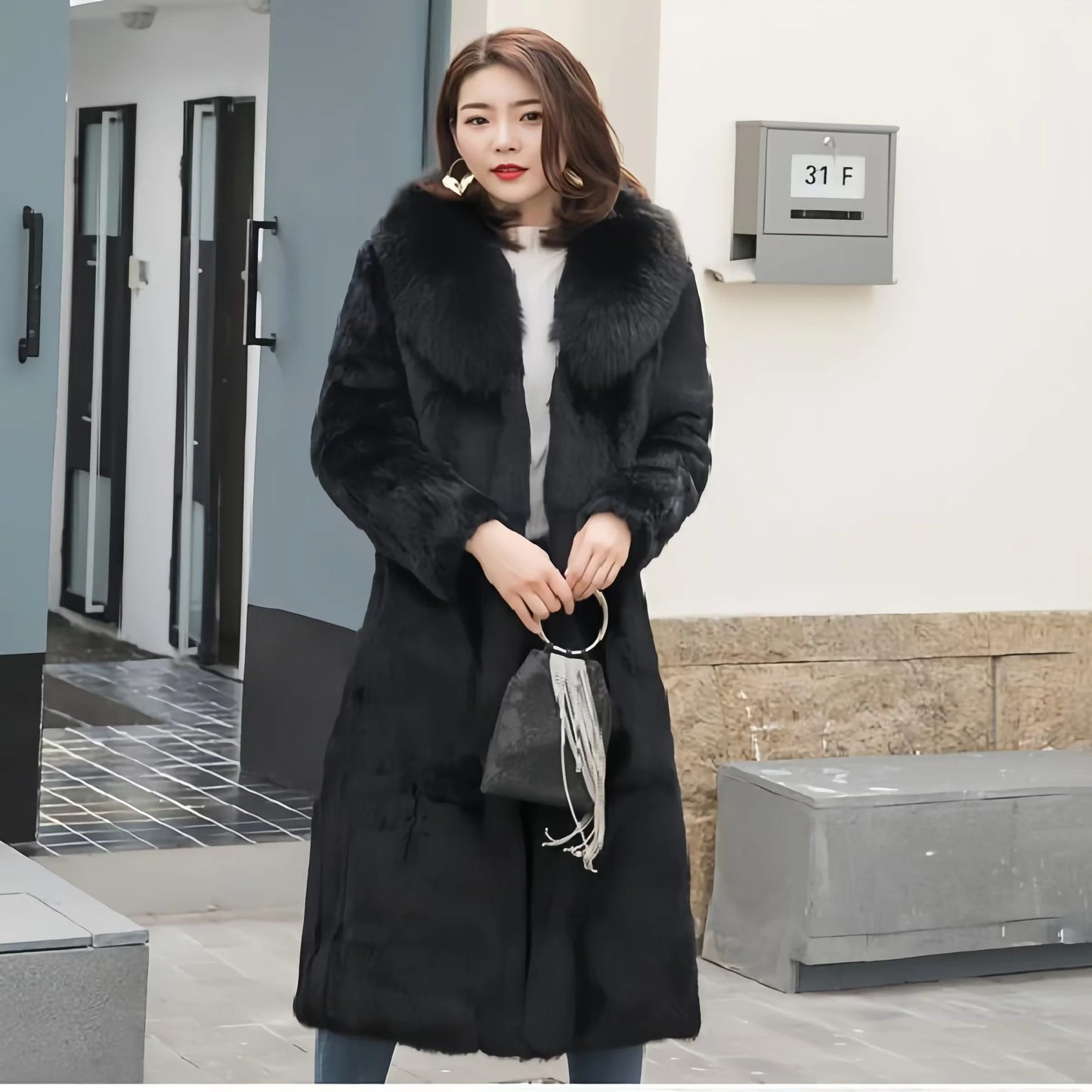 Real genuine natural rabbit fur coat with fox fur collar