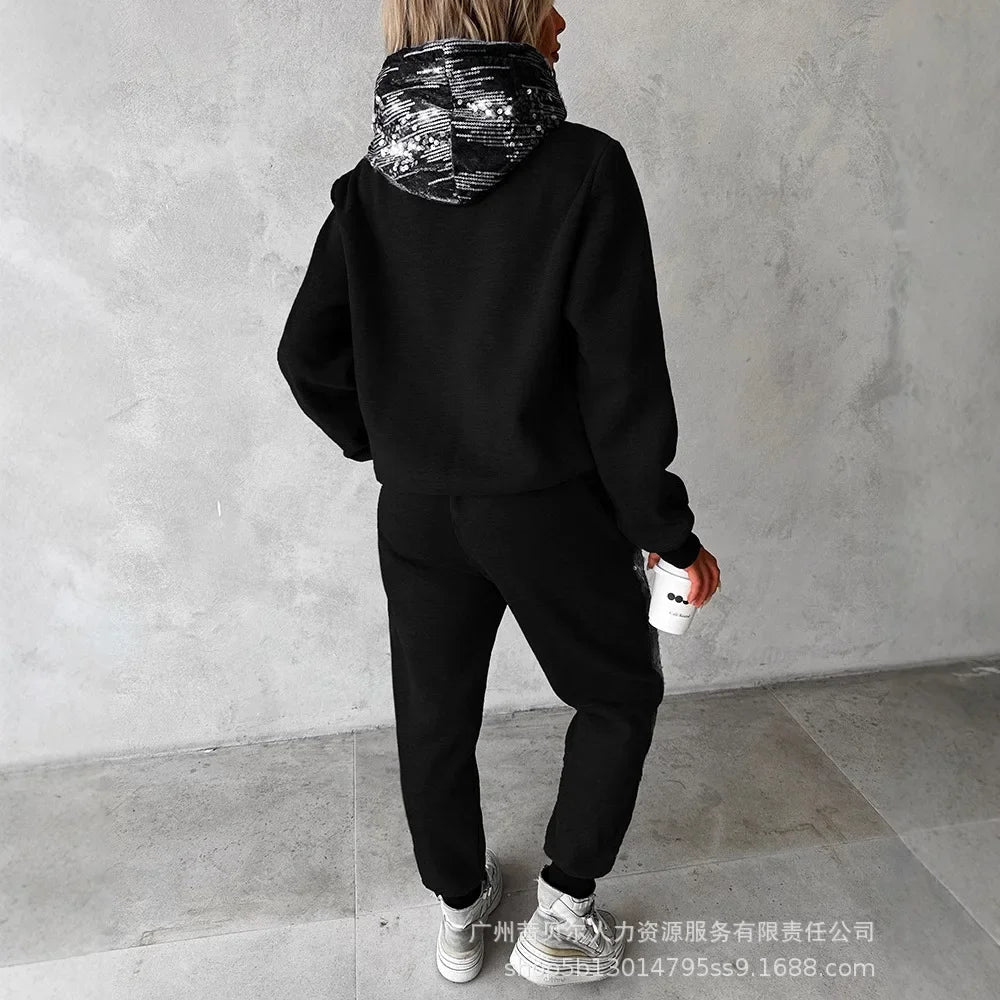 Beaded Casual Two-piece Sweater and Sports Trousers Set with Hood and Matching Coat