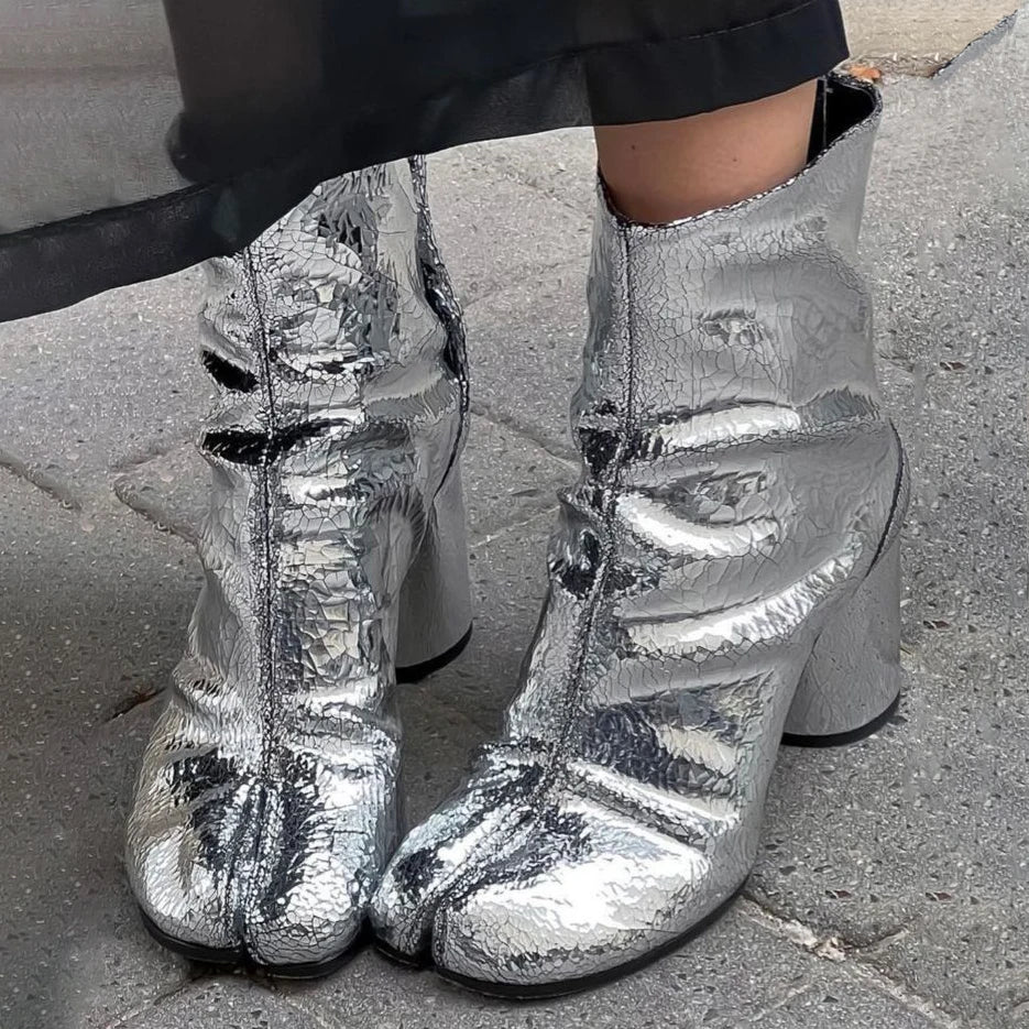 Genuine Leaher Broken Mirror Silver Chunky Heels Booties