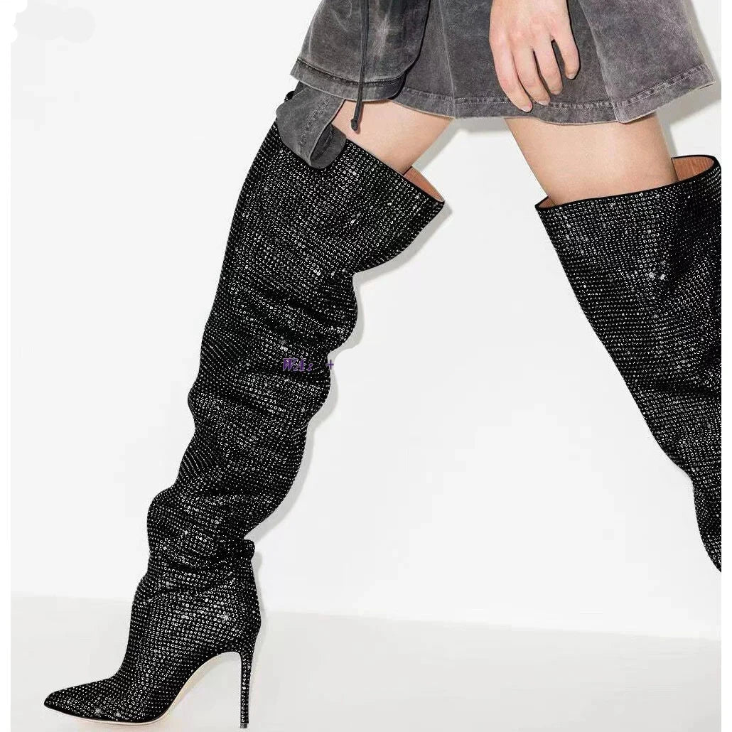 Stylish High-Heeled Rhinestone Pointed Toe Pleated Over-The-Knee Boots