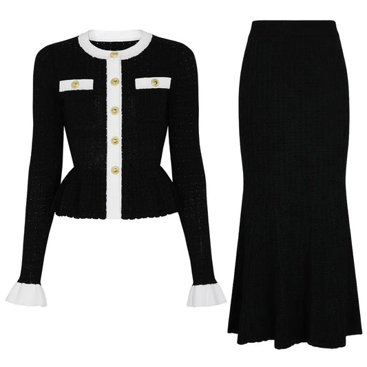2 Pc Long-Sleeve Knitted Cardigan Jacket + Fishtail Long Skirts Set