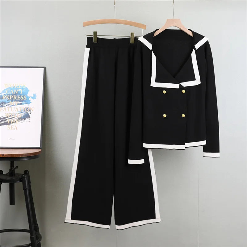 Turn Down Collar Double Breasted  Sweater Set