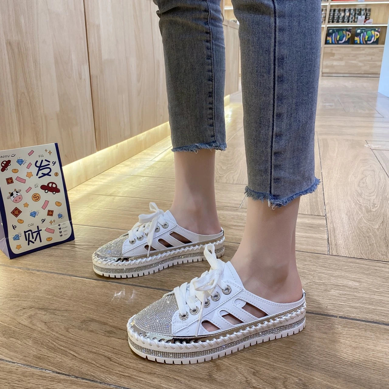 Flat Platform Half Bling Mules Crystals Lace-up Shoes