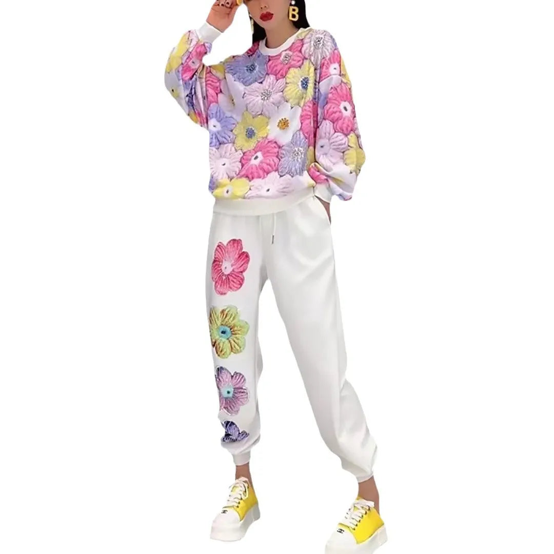 Sequined Embroidery Flowers Printed Hoodies Sweatsuit