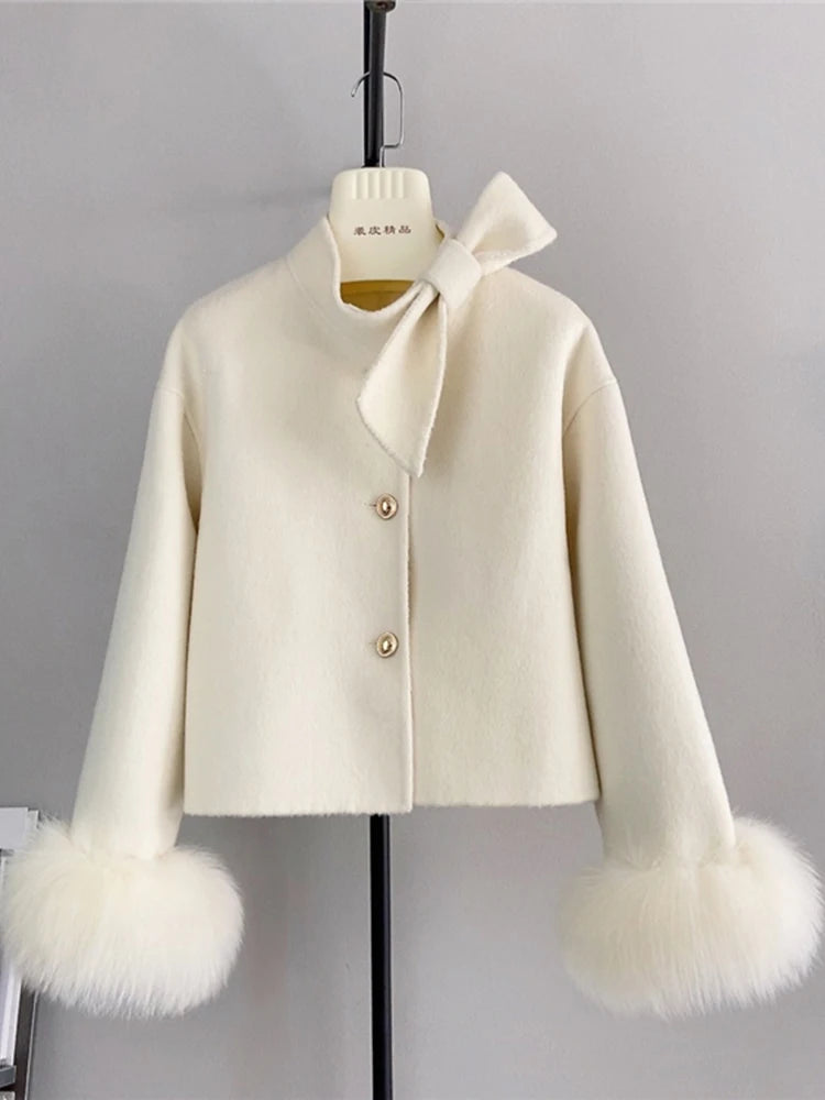 Real Natural Fox Fur Cuff Cashmere Wool Luxury Jacket