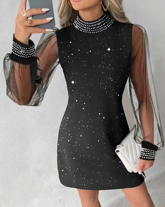 Mock Neck Sheer Long Sleeve Glitter Sequin Rhinestone A Line Mini Dress