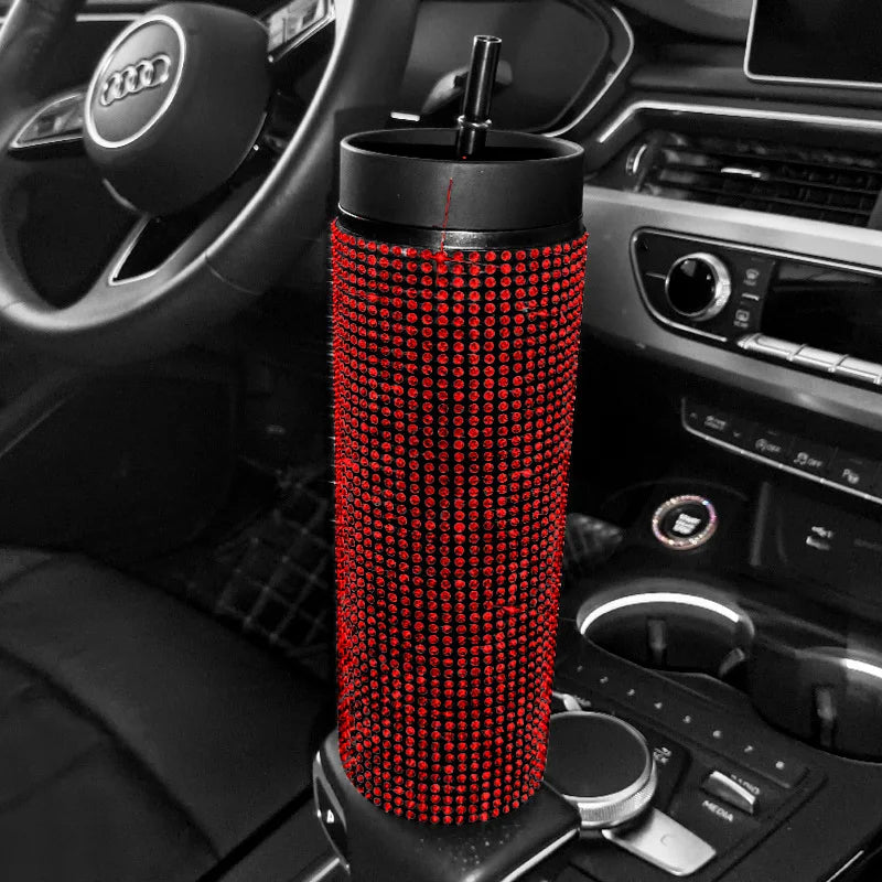 480ml Bling Plastic Coffee Mug Cup With Lid With Straw in Sparkling Rhinestones