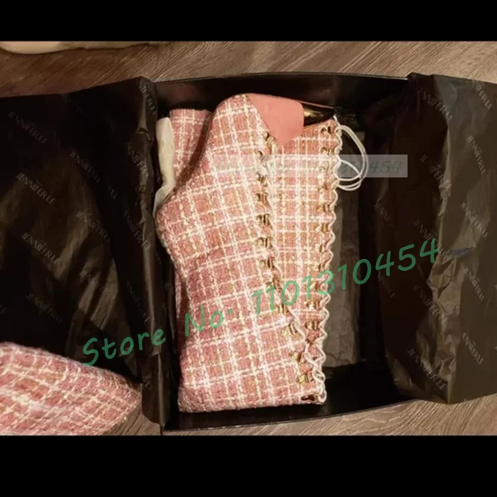 Pink Plaid Hollow Tall Boots With Metal Pointy Toe Women Cross Tied High Heels Boots