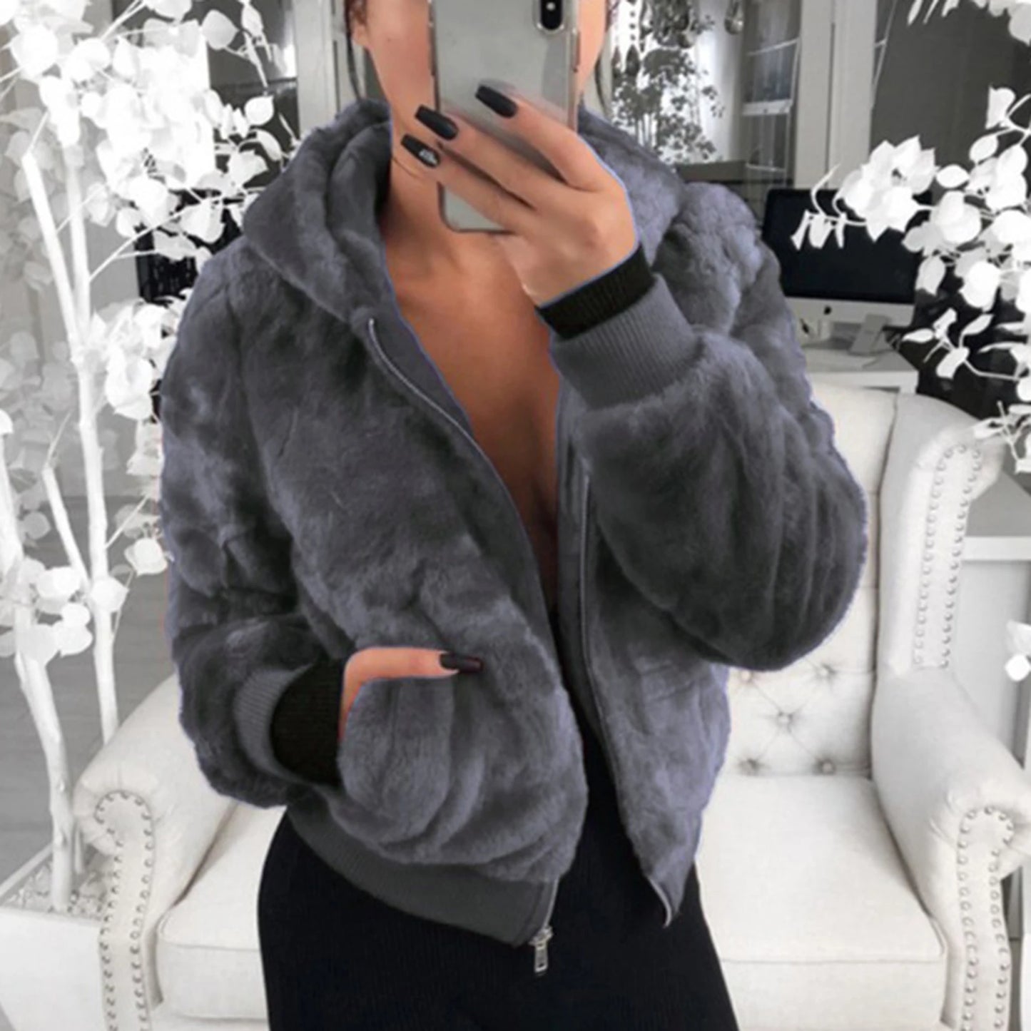 Plush Hoodie With Pocket Faux Fur Jacket