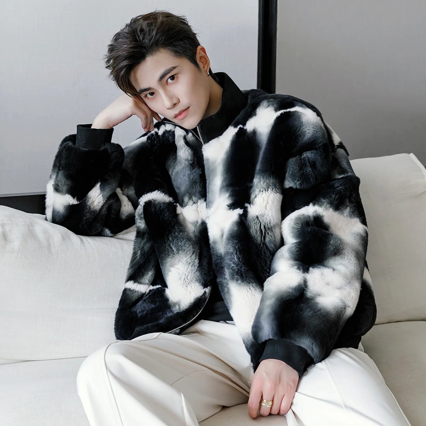 Tie-dyed Rex Rabbit Fur Mens Coat