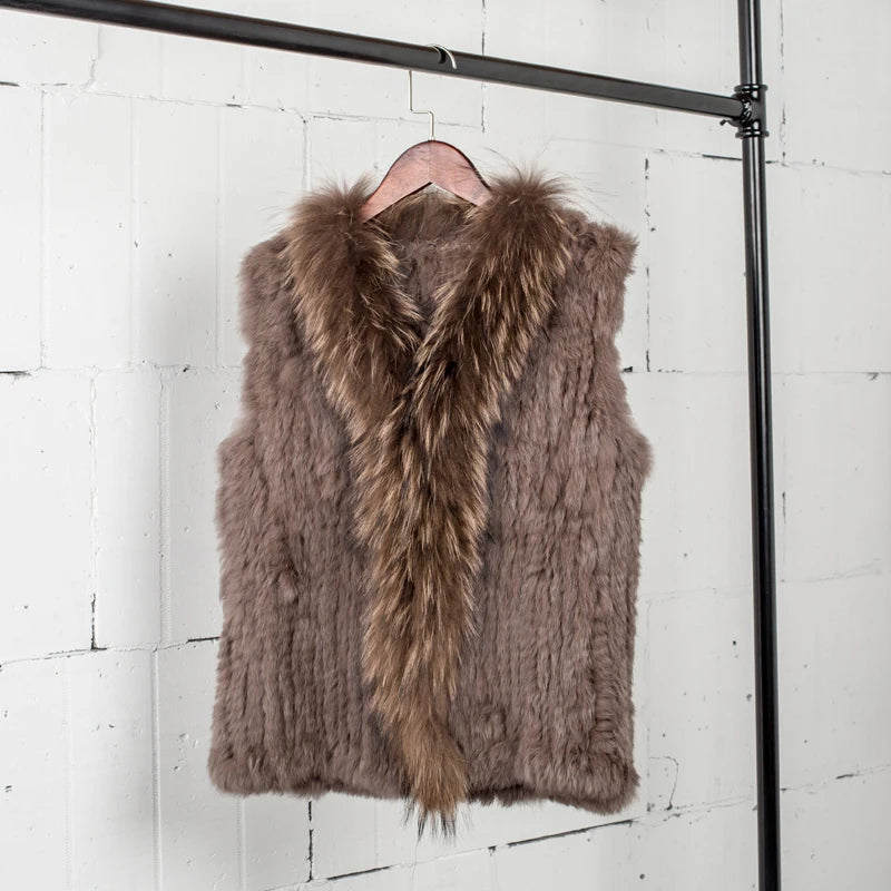 Natural Real Rabbit Fur Vest With Raccoon Fur Collar Jackets