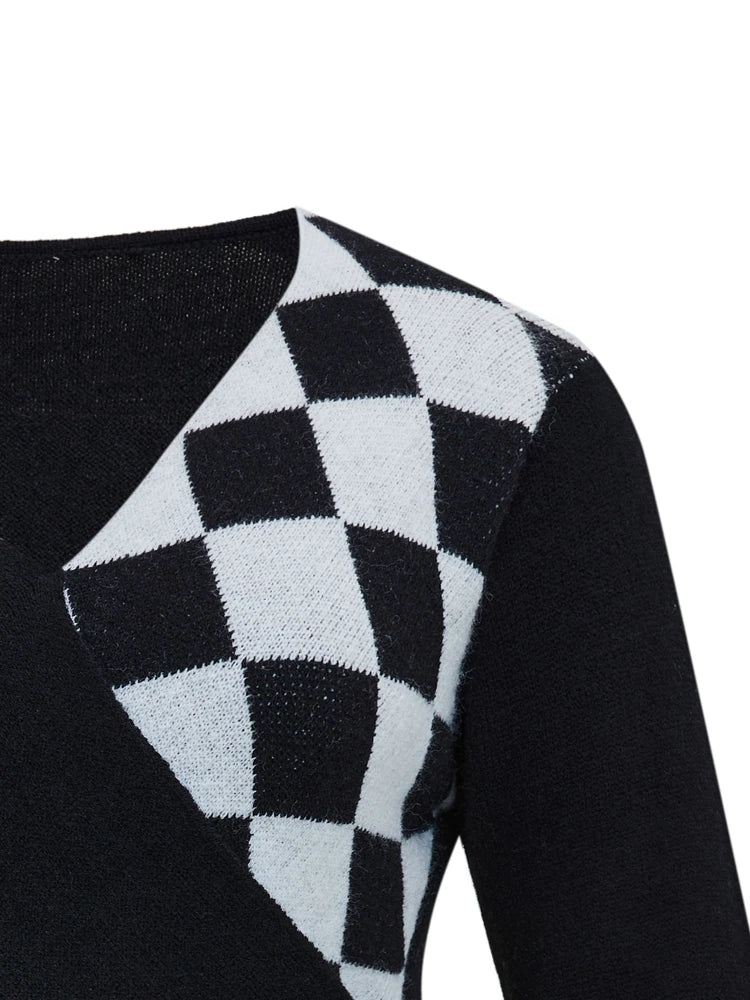 White & Black Plaid V Neck Cross Wrap Tops Sweater