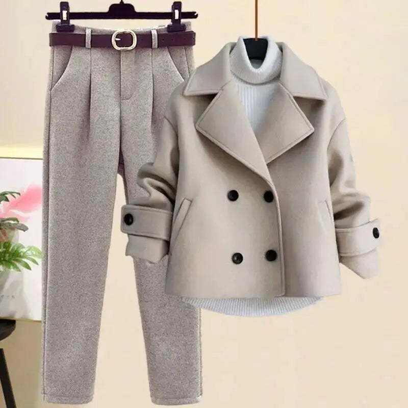 Winter Wool Suit Jacket Jacket Long Sleeve Knitted Sweater Casual Trousers Three Piece Set